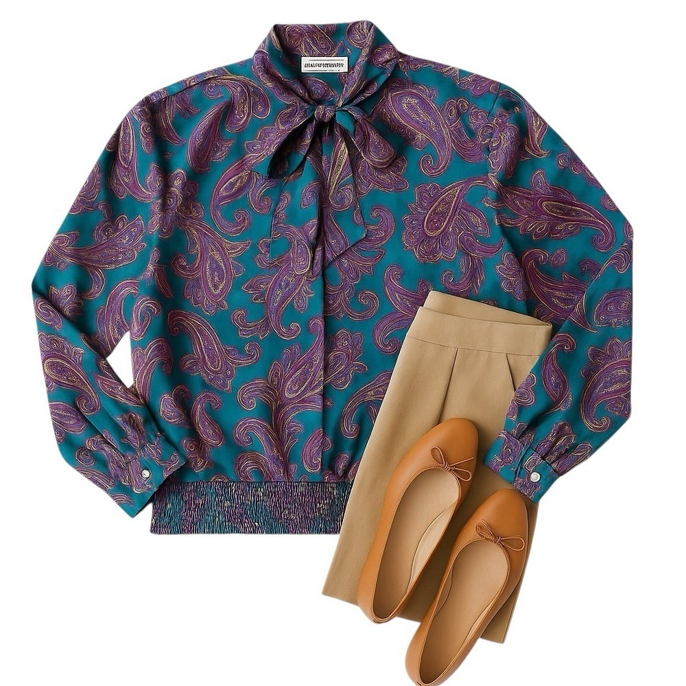 Alfred Dunner Satin Paisley Blouse Green Purple Bow Tie Vintage Top Sz 8 - Picture 3 of 12